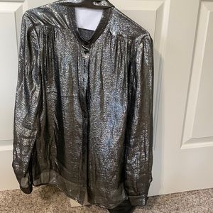 Women’s silk and polyester blouse silver in color.